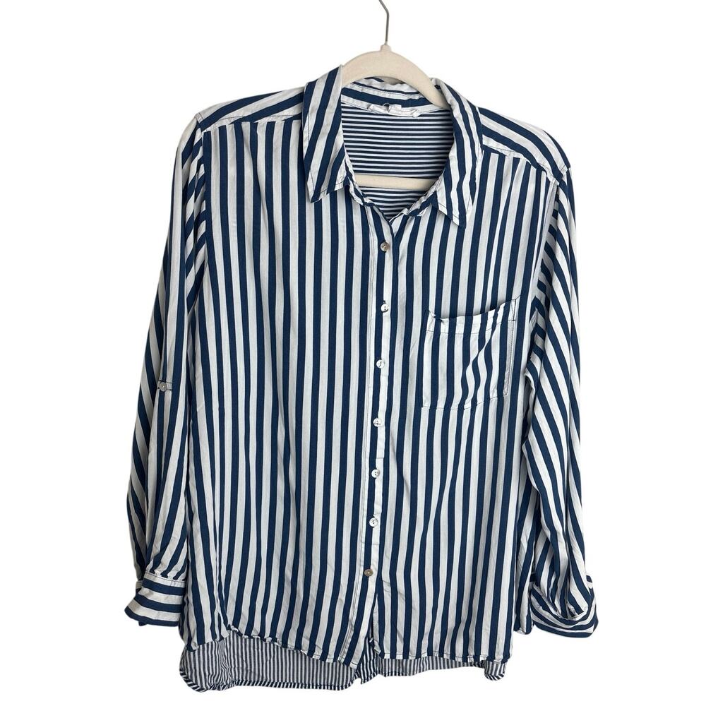Jane + Delancey Blue and White Striped Long Convertible Sleeve Plus Size 1X